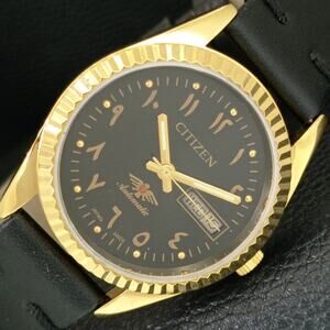 Vintage 1976 Citizen Automatic Mens Gold Watch W/daydate & Black accents